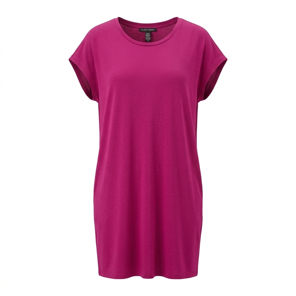 Eileen Fisher magenta knit midi dress with wide round neckline, cap sleeves, bac